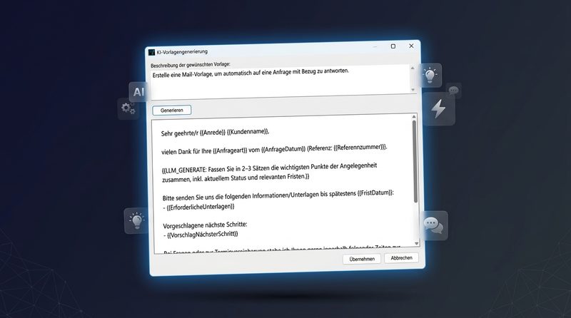 KI-Vorlagengenerierung: Dialog zur automatischen Erstellung von E-Mail-Vorlagen mit LLM-Platzhaltern wie Anrede, Kundenname und LLM_GENERATE-Blöcken, dargestellt als schwebendes UI-Panel mit KI-Symbolen